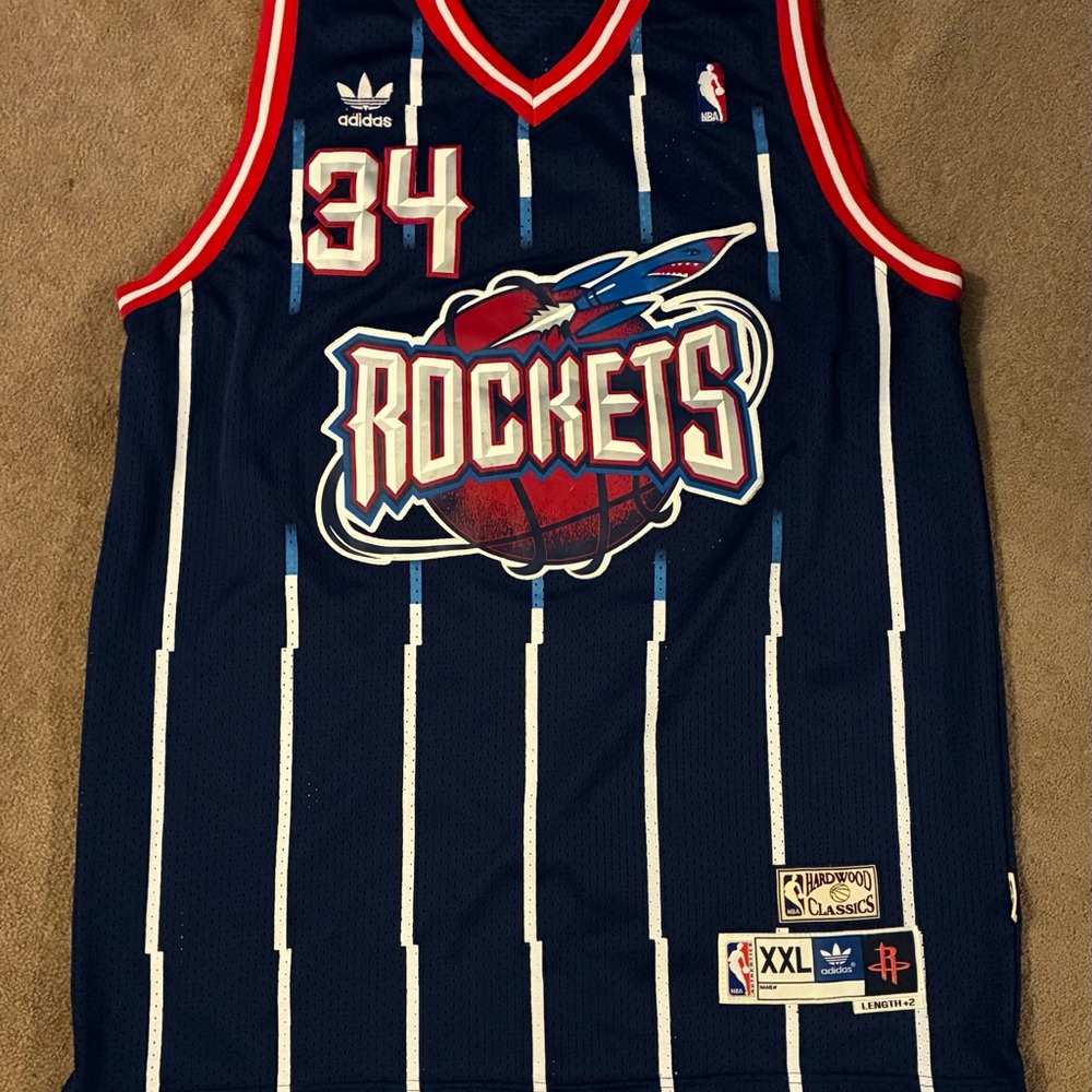 Adidas Hardwood Classics #34 Hakeem Olajuwon Rockets NBA Jersey | XXL +2 Length